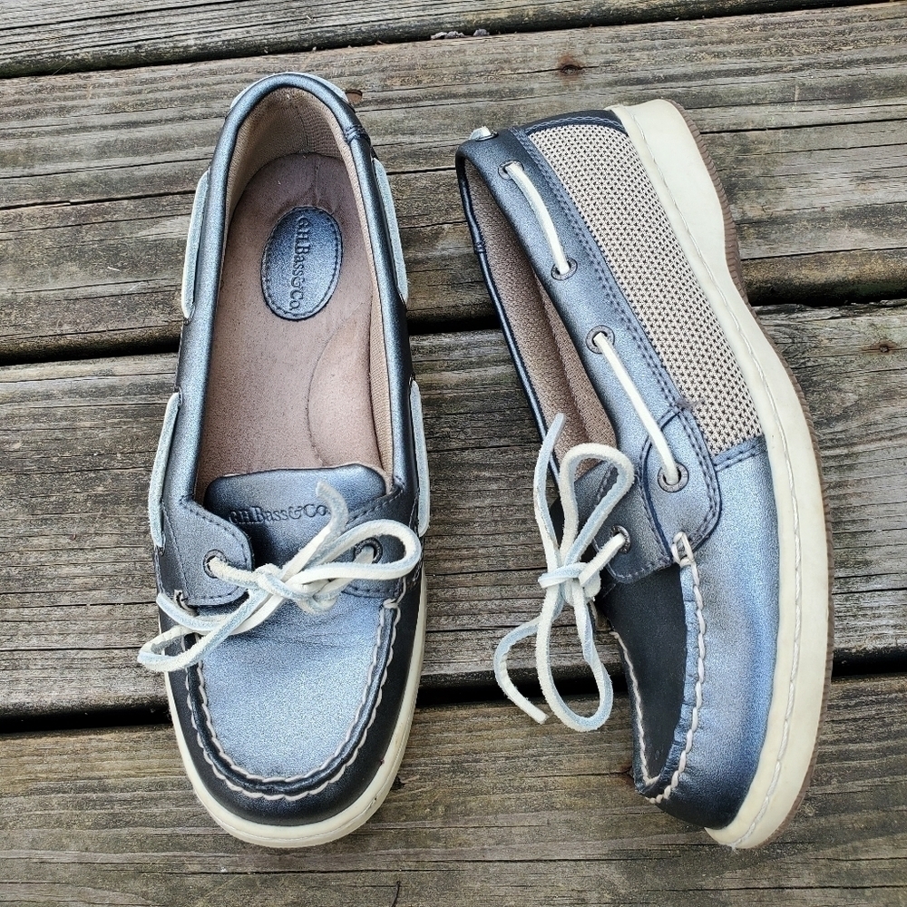 G‎ H Bass & Co Marine Silver Metallic Leather Boat Shoes Loafers Women's 8